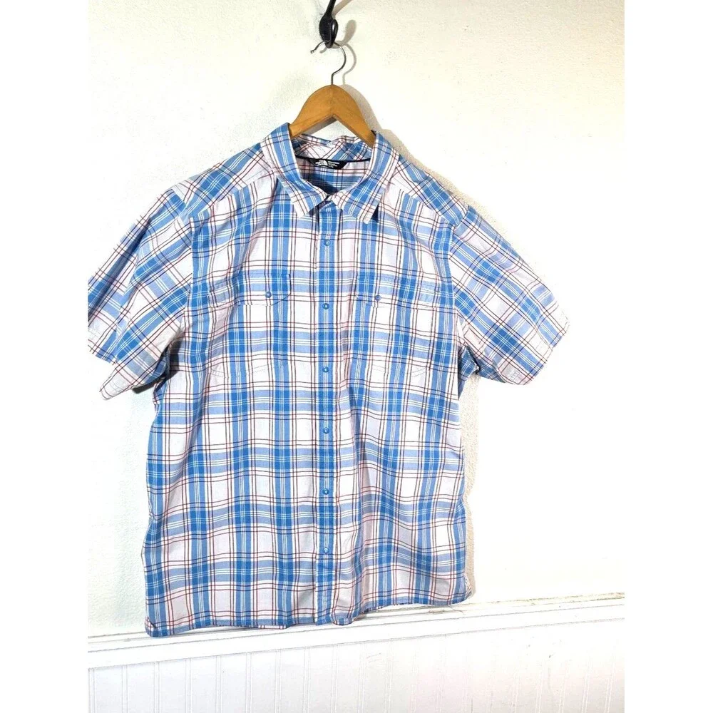 The North Face Mens XL Plaid Button Up Shirt Blue Red Short Sleeve Outdoor